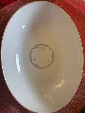 Vintage White Porcelain Serving Bowl with Gold Rim and Gray Wreath Motif